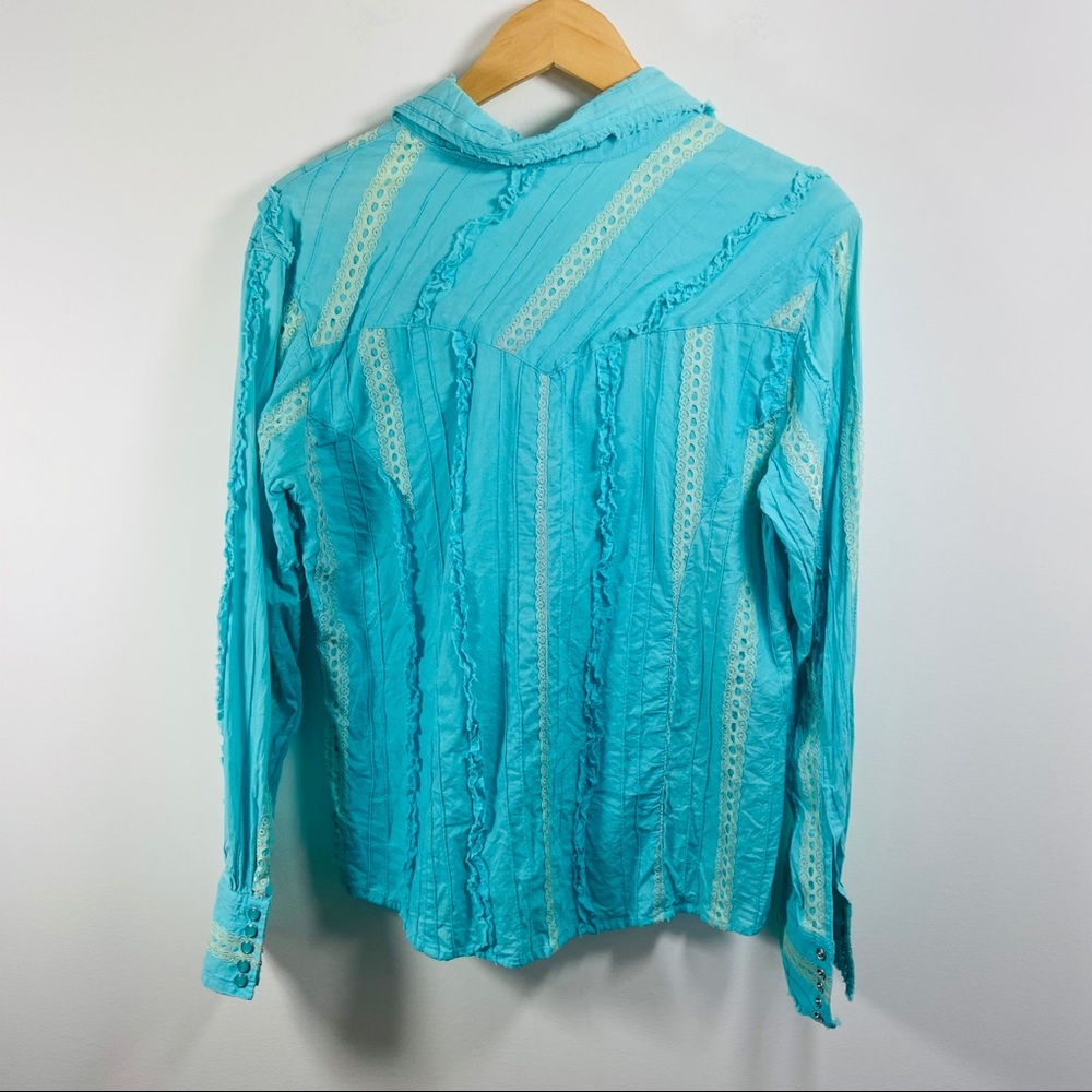 Scully Blue Button Down Ruffle Lace Western Top - Picture 6 of 6